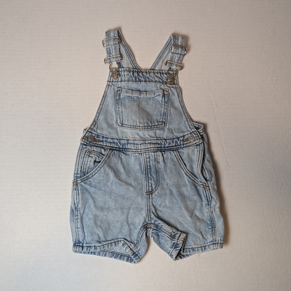 Zara Washed Denim Overalls Size 9/12m Light Blue Pockets Snaps